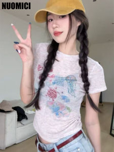 HUYTT Korean Round Neck Short Print Cartoon Graffiti Short Sleeve T-shirt Women Summer Slim Fit Thin Playful Cute Niche Tops