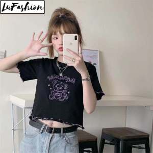 LuFashion Crop Tops for Women Summer Short Sleeve High Waist Slim Cartoon Print T-Shirts