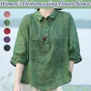 Mediumsleeved Thin Small Shirt Slimming Flattering Jacquard Blouse Womens Thin Flower Blouse Fleshshading Womens Shirt