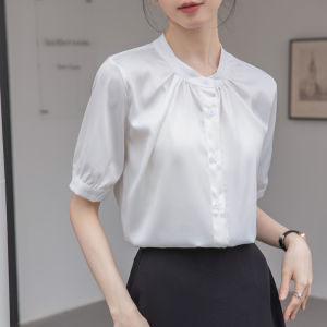 Ammin 2024 mùa hè mới Pháp cổ tròn màu trắng satin đi lại Áo Sơ Mi Nữ Một hàng khuy tay ngắn áo blouse thanh lịch chuyên nghiệp