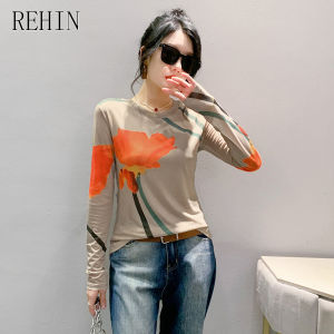 REHIN Autumn New Arrival Round Neck Long Sleeve Mesh Printed T-Shirt Korean Stylish Slim Fit Base Shirt Elegant Womens Top