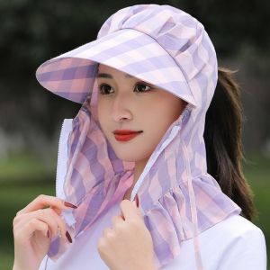 Nón Chống Nắng Kèm Quạt Che Cổ Họa Tiết Kẻ Sọc Có Khóa Kéo Tiện Dụng Cho Nữ