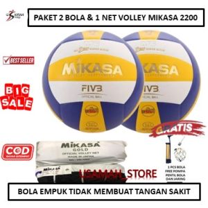 PAKET BANYAK DAN SIAP MAIN - 2 BOLA VOLLY MIKASA MV2200 DAN 1 NET VOLI MIKASA GOLD - BOLA LIGA TURNAMEN - NET BERKUALITAS TERBAIK