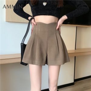 Ammin กางเกงขาม้าจับจีบแฟชั่นสีทึบสไตล์เกาหลีเรียบง่ายสำหรับผู้หญิง2024ฤดูใบไม้ผลิและฤดูใบไม้ร่วงกางเกงวินเทจสง่างามมีซิปเอวสูงไม่เท่ากันสายป้องกันการเปิดรับแสง