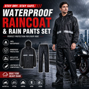 Waterproof Raincoat Rain Pants Set for Men Reflective Motorcycle Hooded Outdoor Rain Gear Black