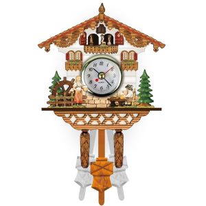 TRANQUIL HUT Silent Wood Pendulum Vintage Clocks Forest Tower Vintage Wood Wall Clock Creative Realistic Pattern 3D Chiming Clock Wall Decor