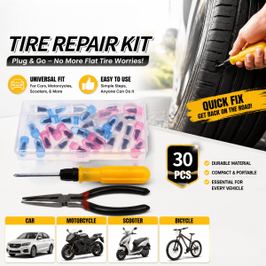 Universal Tire Repair Kit for Cars Motorcycles Scooters Bicycles - 30 Piece Durable Compact Portable Essential Kit - Easy Use Quick Fix for Flat Tires