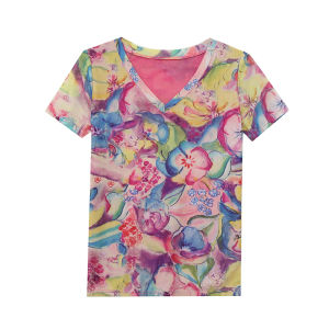 REHIN Womens top Summer new fashion mesh printing short-sleeved V-neck T-shirt Slim thin S-3XL elegant blouse