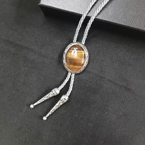 Classical Mens Braided Rope Bolo Tie with Oval Shape Stone Pendant for Rodeos Fashion Western Necktie Necklace