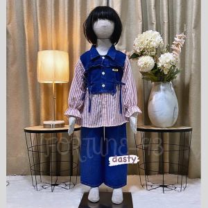 Setelan Jeans Anak Perempuan Import Stripe Salur Celana Cargo  Usia 3 - 10 Tahun Set Jumbo Anak Kekinian Korean Style Set Anak Tangung Set Anak 3 in 1  - COD