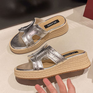 [Free Shipping] Small-Sized Platform Wedge Sandals Paired With A Skirt WomenS Summer Outdoor Wear 2025 New Style Straw Thick-Soled Sandals