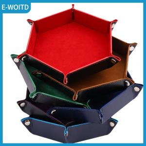 【E-WOITD】 Foldable Dice Tray Box PU Leather Folding Hexagon Coin Square Tray Dice Game