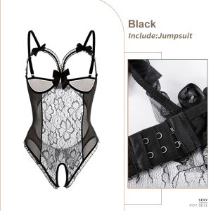 Haiha Lace Mesh See-Through Crotchless Lingerie Bodysuit with Bow Decor and Hollow Out Design