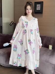 Plus Size Sleeping dress 3XL-6XL Pajama for Woman Cotton Autumn Lady Long Sleeves Sleepwear Women With chest pad Pyjamas dress Cartoon Cute Padded Home Wear