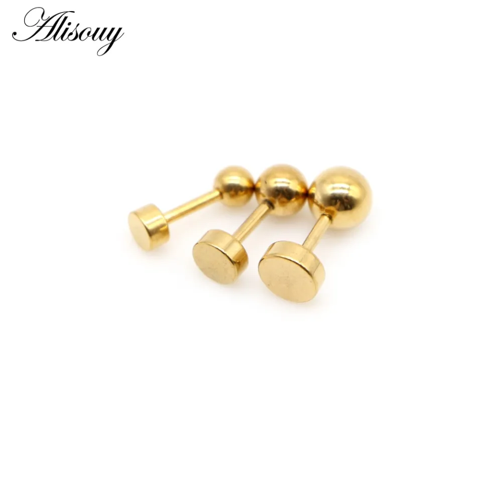 Alisouy 2pcs Stainless Steel Gold Color Ball Round screw Ear Stud Earrings  for Women Men Baby/Kid 4mm/5mm/6mm Piercing Jewelry