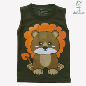 Kaos Kutung / Singlet Anak Bahan Katun untuk Anak Usia 1-6 Tahun Warna Hijau Tua Motif Singa