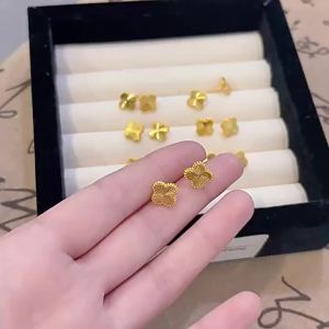 Hot Selling Engraved Double-Sided Four-Leaf Clover Gold-Plated Copper Earrings for Women Light Luxury Niche Design Non-Fading Direct Sale