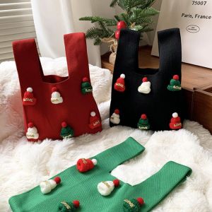 ETIONS หมวกคริสมาสต์ กระเป๋าข้อมือปม พิมพ์ออกมาแล้ว ผ้าขนสัตว์ขนแกะ กระเป๋าโท้ท ง่ายๆ ผ้าทอทอ ถุงถักคริสต์มาส สาวๆ