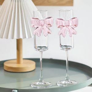 GUHEHARD 2 pieces Ultra Thin Pink Bow Champagne Glass 3 D Bow 160 ML Goblet Elegant Clear Drinking Glasses Martini