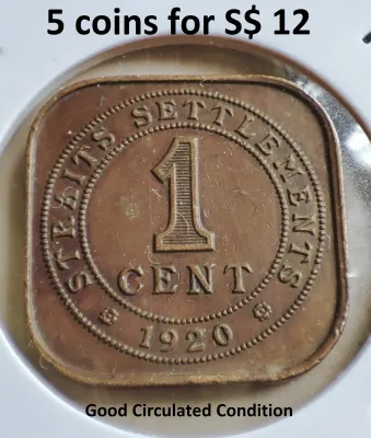 (5 coins for $12) Straits Settlements One Cent Coin (Good Used Circulated Condition) Year 1920 Selling in bundle 5 coins (Will be in cardholder)