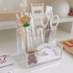 GONOVO MALL STORE Trong suốt Hộp đựng bút mica Hình vuông Ba ô Giá bút chì Văn phòng phẩm Túi để bàn Trường học
