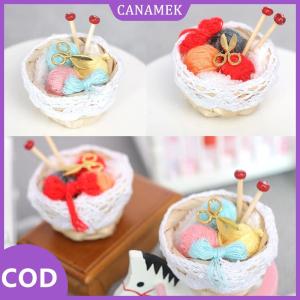 CANAMEK✨ Nhà búp bê 1:12 thu nhỏ giỏ tre bện sợi bóng kim bóng kéo Áo len đan công cụ giỏ trang trí mô hình nhà