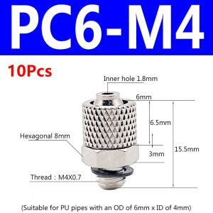 LUXELU 10Pcs M3 M4 M5 M6. Khớp nối xoắn nhanh Micro 3mm 4mm 6mm đường kính ngoài Chủ đề nam Lắp nhanh khớp nối nhanh Bền bỉ Vít xuyên qua Đầu nối ống khí