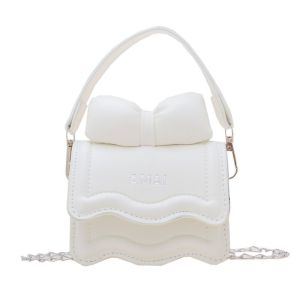 XUNJIE Chain Mini Bow Crossbody Bag PU Leather Solid Color Sweet Shoulder Bag Simple Coin Purse Children Handbag Children