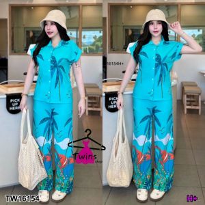 P16154 Set 2 ชิ้น เสื้อปกเชิ้ตแขนเบิ้ลติดกระดุมด้านหน้า + กางเกงขายาวเอวยางยืดด้านหลัง