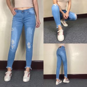 WOJ High Waist Cropped Jeans Ankle Cut Ripped Jeans Tattered Pants Stretchable