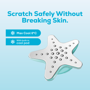 Eczema Lab scratcher. Mimics fingernail scratching without damaging skin. Built-in cooling pod technology calms chronically itchy skin in 5 minutes. Anti-microbial surface and easy to clean. For chronic itch extremely dry and sensitive skin.