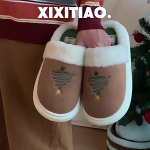 WY-XIXITIAO Christmas Shoes Winter New Men and Women Casual Home Indoor Furry Shoes Warm Couple Retro Color-Block Christmas Tree Cotton Slippers