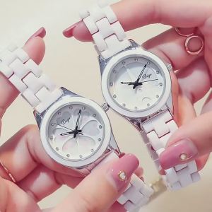 Iron Tower Womens White Ceramic Watch Korean Version Trendy Fashionable Waterproof Casual Quartz Watch for Middle School Students