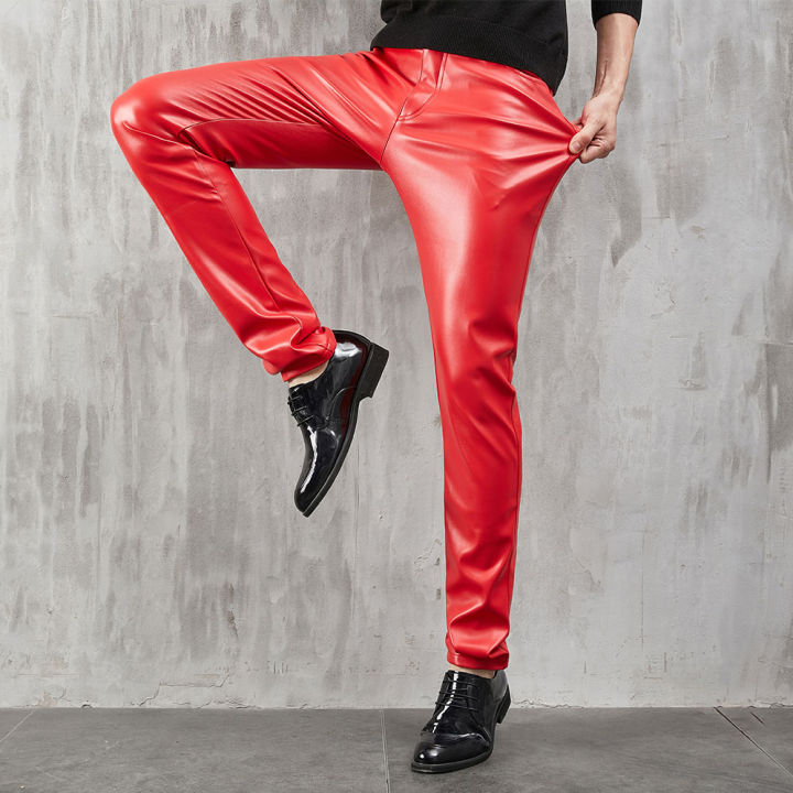 Mens red faux leather on sale pants