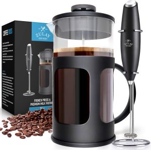Zulay Premium French Press Coffee Pot and Milk Frother Set - (8 Cups 34 oz) Coffee Press Glass Carafe with Powerful Double-Mesh Stainless Steel Filter System for Filtering Out Fine Coffee Grounds