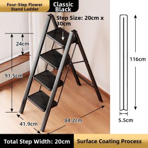 Home light-step shelf staircase 3-5 Steps Ladder Black Aluminum Alloy Light Weight Folding with Anti-Slip & Wide Pedal for Home and Kitchen Space