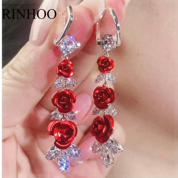 RINHOO 1Pair Vintage French Rose Flower Earrings Antique Gold