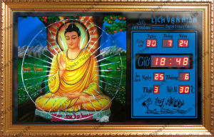 Đồng hồ Lịch Vạn Niên tranh đèn treo tường hiệu Cát Tường_tranh Phật Tổ hào quang 55621_KT 55x35x7cm_Có 2 loại (Không remote đèn và Có remote đèn)