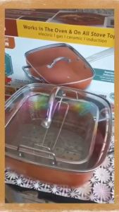 CQW Copper Square Pan Nonstick Migas Induction with Glass Lid Fry Cooking Kitchen Deep Fry