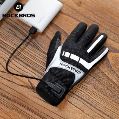 ROCKBROS Heated Gloves USB Charging Fleece Cycling Full Finger Gloves SBR Shockproof Touch Screen Motorcycle Heated Gloves Winter Warm Gloves