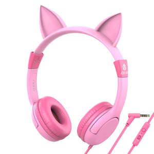 iClever HS01 Kids Headphones With  Cat Ear Pink Headphones Mic Food Grade Safe And  85/94dB Volume limited