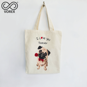 Romantic Puppy with Rose "I Love You" - VOREX Cute Animated Dog Canvas Tote Bag Unique Gift for Couples & Pet Lovers (Beige & Black) | V001