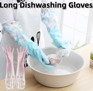 Extended Dishwashing Gloves Long Dishwashing Gloves Gloves with Elastic Band Laundry Kitchen Cleaning Waterproof Thick Latex Rubber Gloves Washing Clothes Kitchen Cleaning Durable Household Gloves for Women Long Sleeve