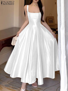 ZANZEA Womens Silky Satin Wedding Guest White Maxi Dress Elegant Square Neck Sleeveless Evening Gown Graceful Party Robes Femme2026