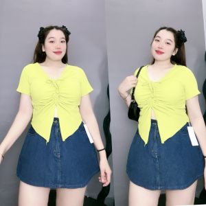 Áo thun croptop bigsize nữ tà nhọn cổ rút dây ở giữa tôn vòng một Áo phông phom rộng chất gân tăm BIGSIZE CÔ NHỎ - G42