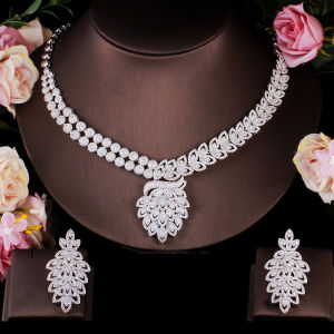 SEQUITO Noble Full Micro Cubic Zirconia Pave Large Leaf Flower Pendant Necklace Earrings Indian Bridal Wedding Jewelry Set SJ145