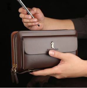 Men's Leather Long Wallet & Business Double Zipper Clutch Bag