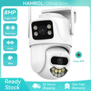 Hamrol 8MP 4K PTZ WiFi IP Camera with Dual Lens Dual Screen Color Night Vision Outdoor Waterproof 6MP Security IP Camera CCTV Surveillance Camera ICSEE APP