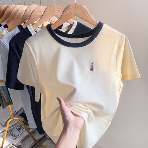 IELGY womens thin waffle short sleeve embroidered t-shirt