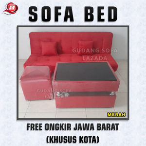 Sofa Bed Minimalis + Meja + 1 Stool + 2 Bantal | Bisa Pilih Warna | Bahan Bludru - Abu